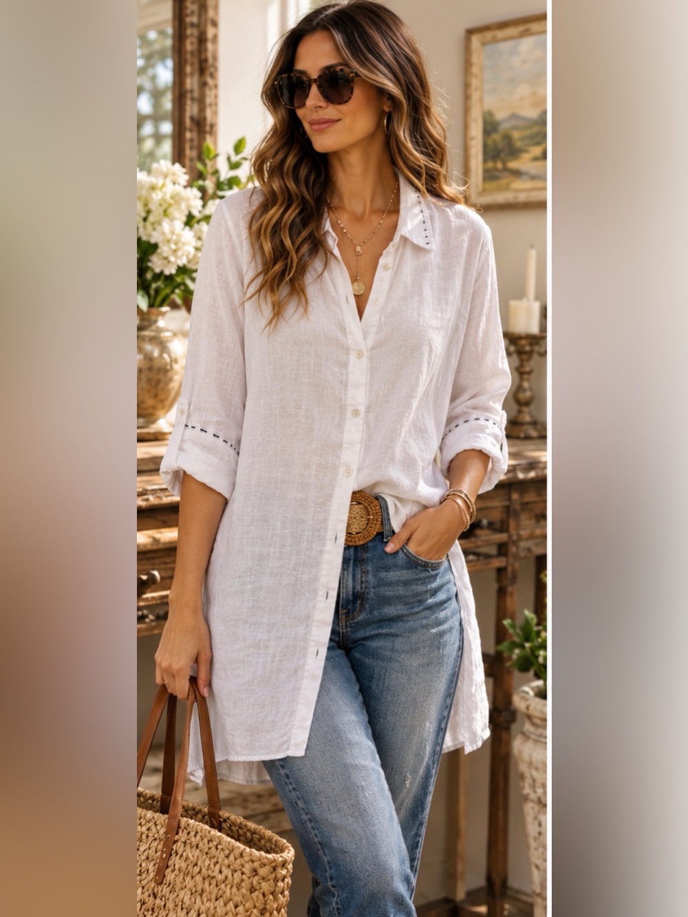 Kenar 100% Linen White Tunic Shirt L Button Front Black Stitch Coastal